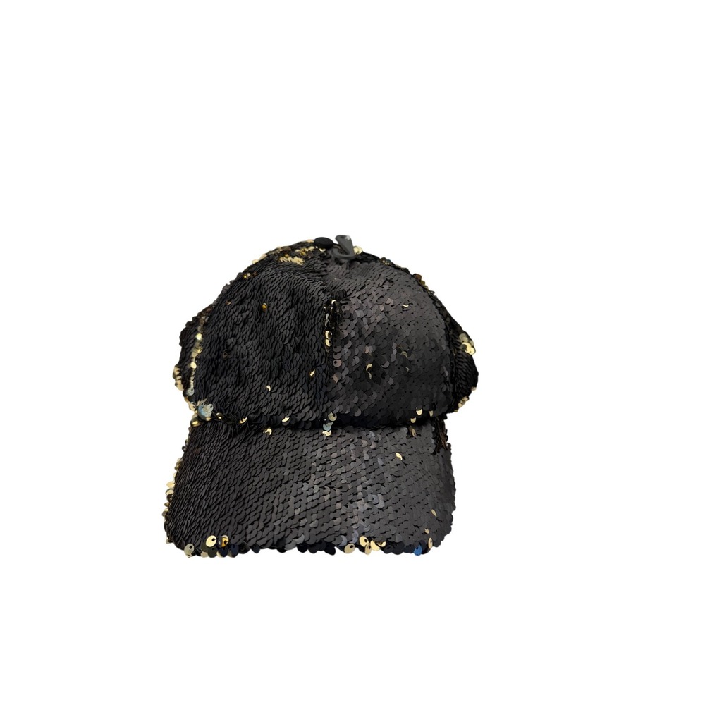 Steve Madden Womens Sequin Baseball Cap Black Gold Adjustable Hat One Size NEW